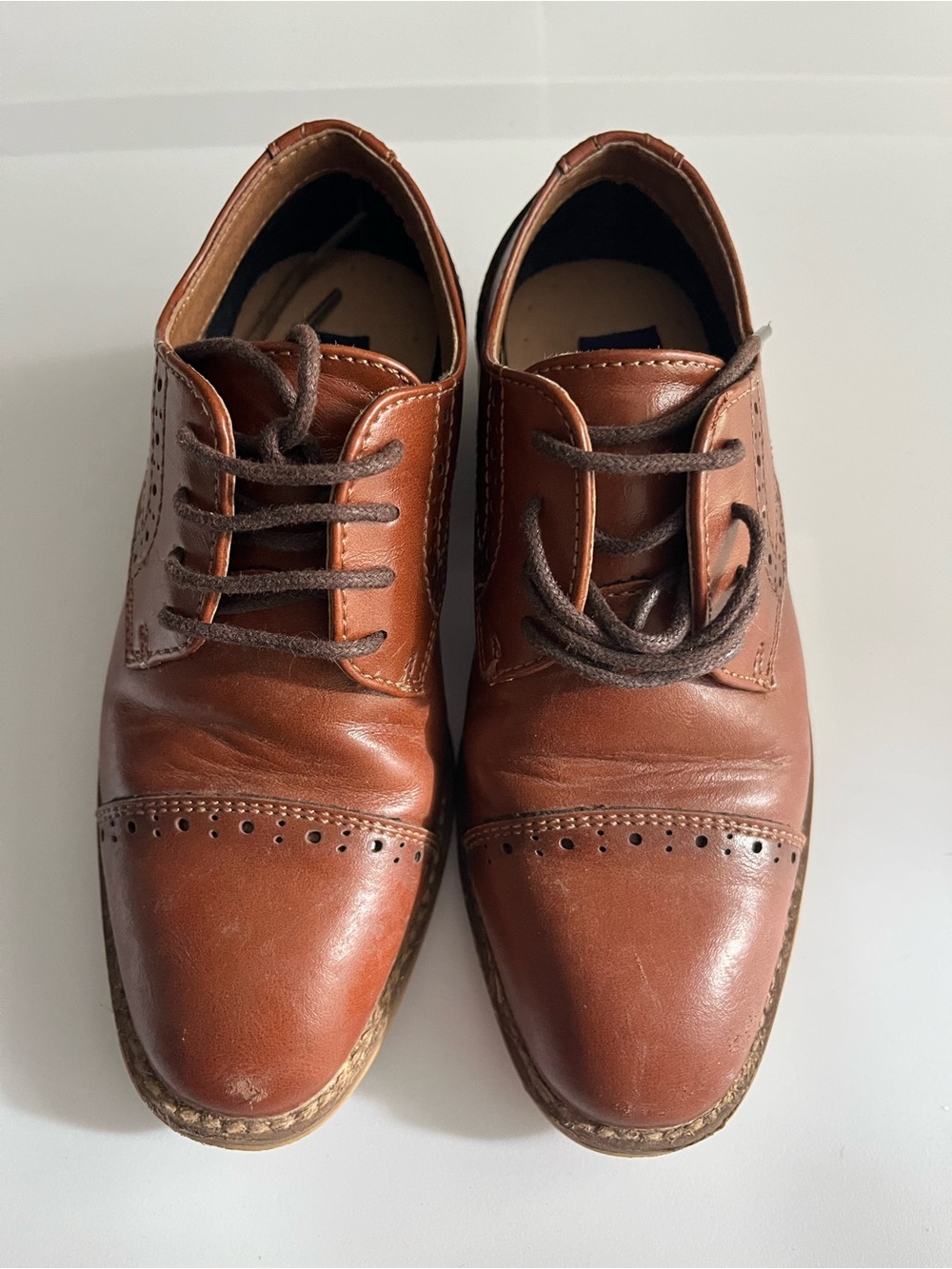 Kids Tan Leather Derby Shoes with Brogue Detailing